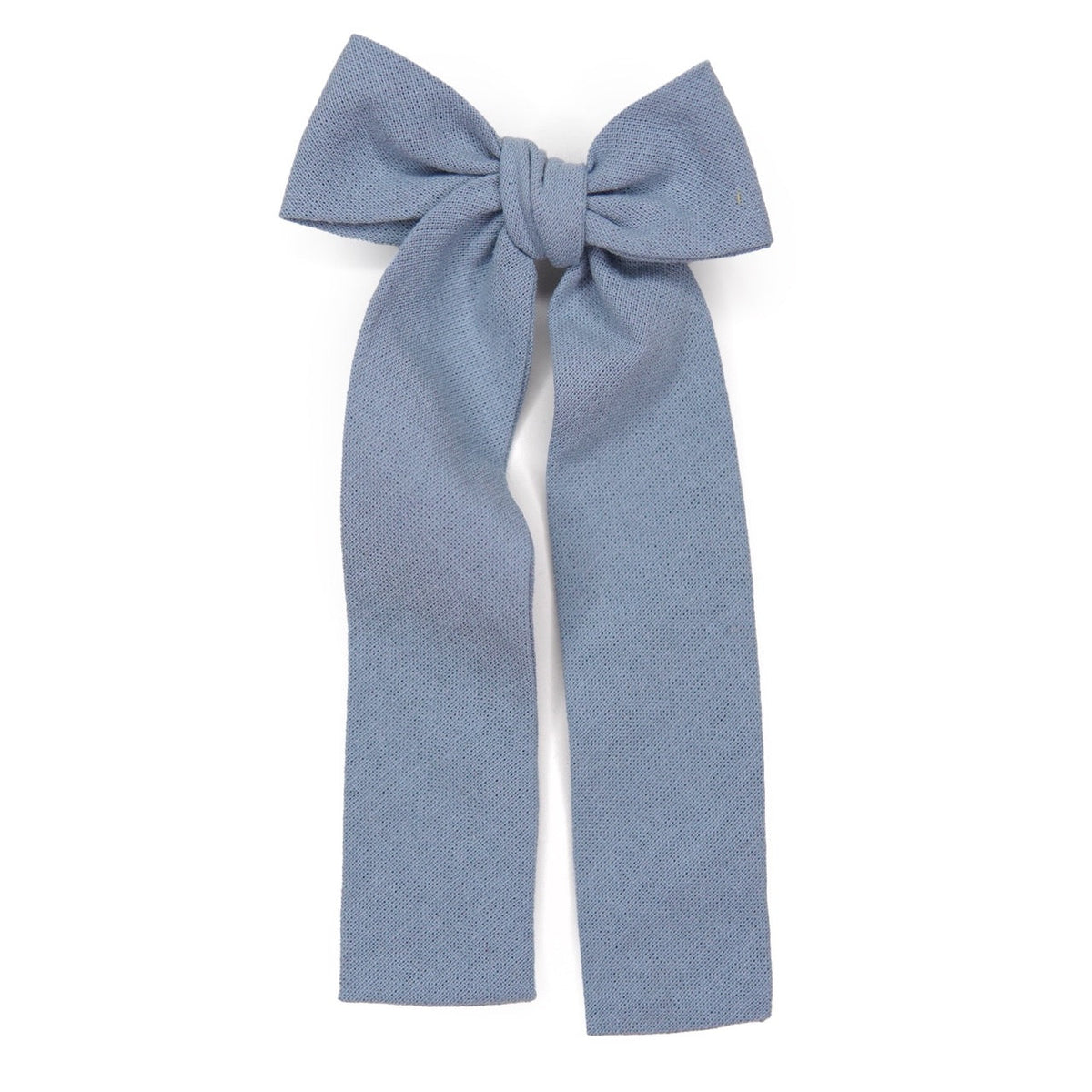 Powder blue lady hair bow with long tails, tied fabric knot