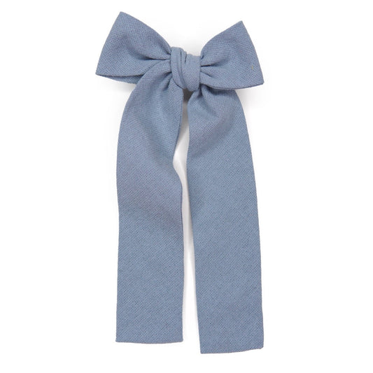 Powder blue lady hair bow with long tails, tied fabric knot