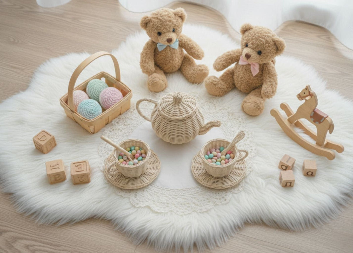 Wicker tea set with lidded teapot, cups, and spoons arranged for play