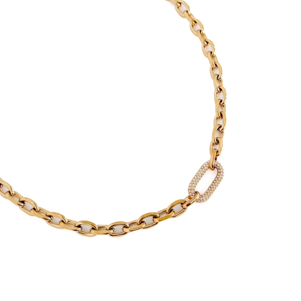 Gold chain necklace with pavé diamond oval clasp