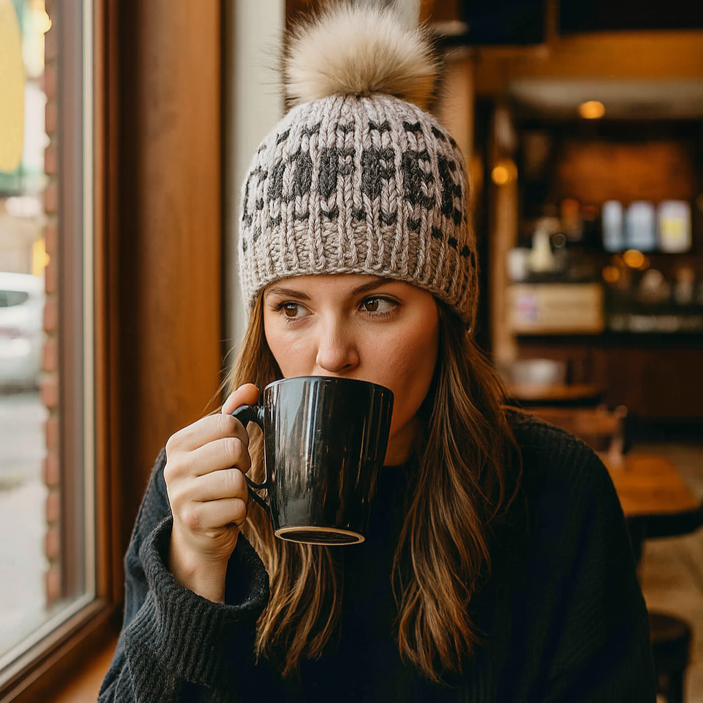Gray knitted beanie with coffee word pattern and faux-fur pom-pom