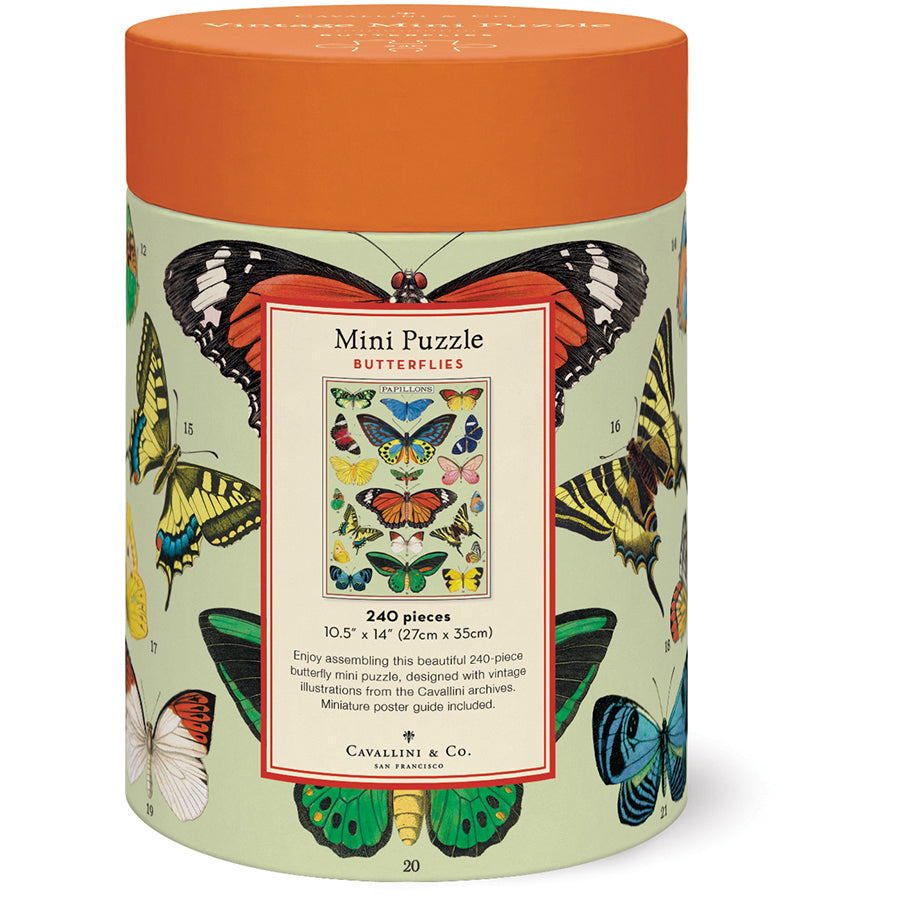 Butterfly mini puzzle box back, 240-piece set with size info and butterfly image