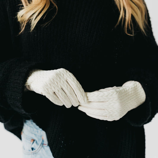 Quilted smart touch gloves in ivory, knit quilt pattern and padded fingers.