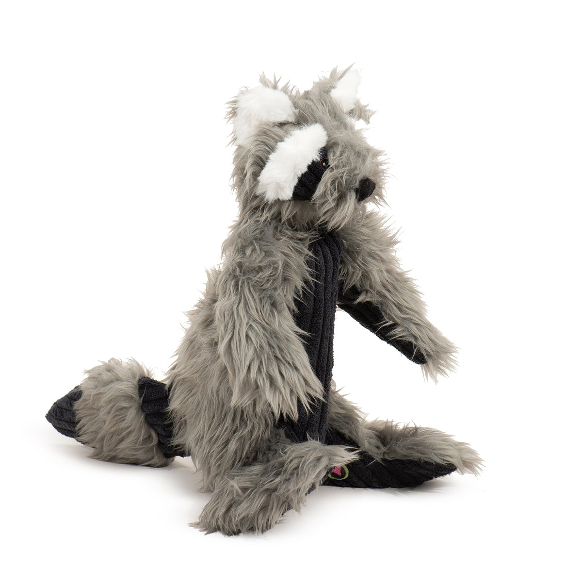 Side view of gray raccoon plush dog toy with a black ribbed body brace
