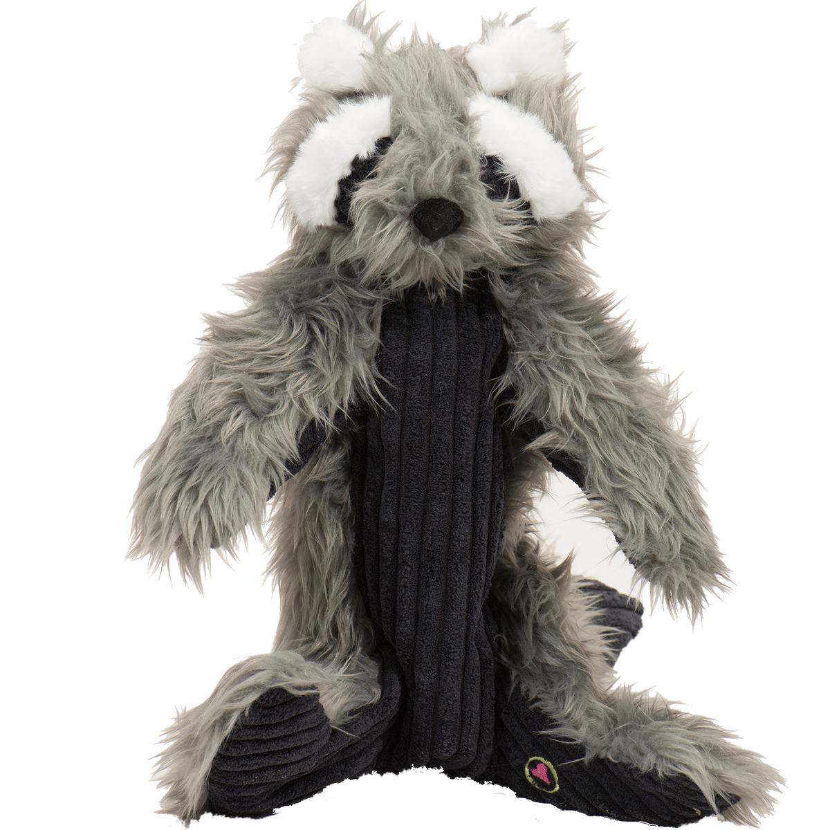Gray raccoon plush dog toy with white facial markings and a black ribbed body brace