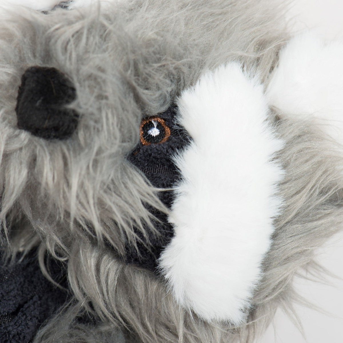 Close-up of raccoon toy's white eye marking, black eye, and gray fur