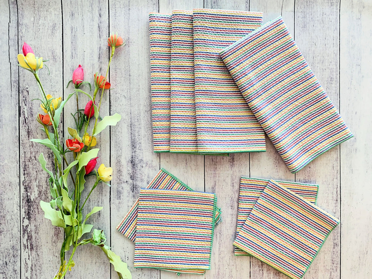 Rainbow striped seersucker cloth napkins set of four, folded and stacked