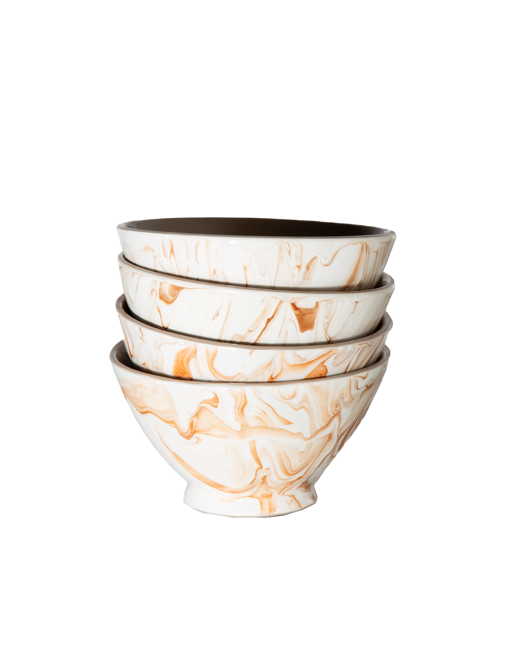 Marbled ramen bowls, white with orange swirl pattern, stacked set of 4