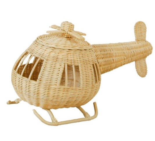 Natural rattan toy helicopter with woven cabin, top rotor, tail rotor and landing skids