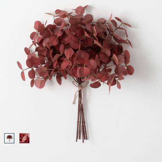 12-inch bundle of dried red eucalyptus with round leaves and tied stems