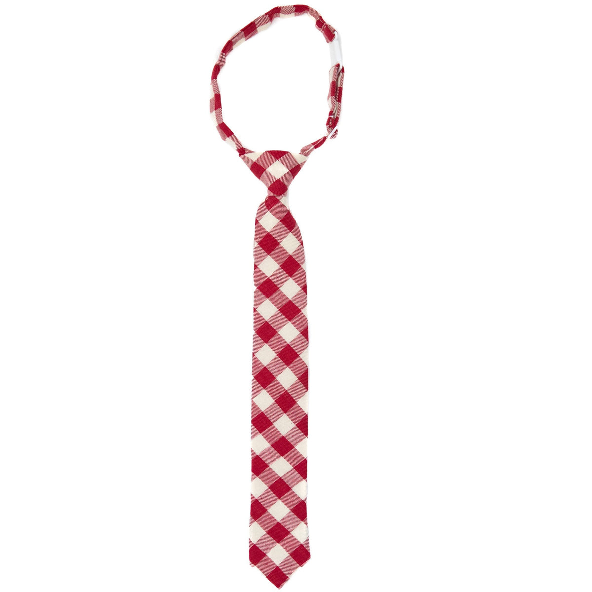 Red and white plaid boys necktie with narrow pointed end