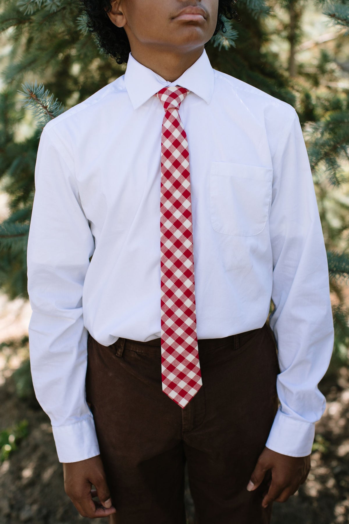 Red and white plaid necktie on boys dress shirt, chest and tie centered