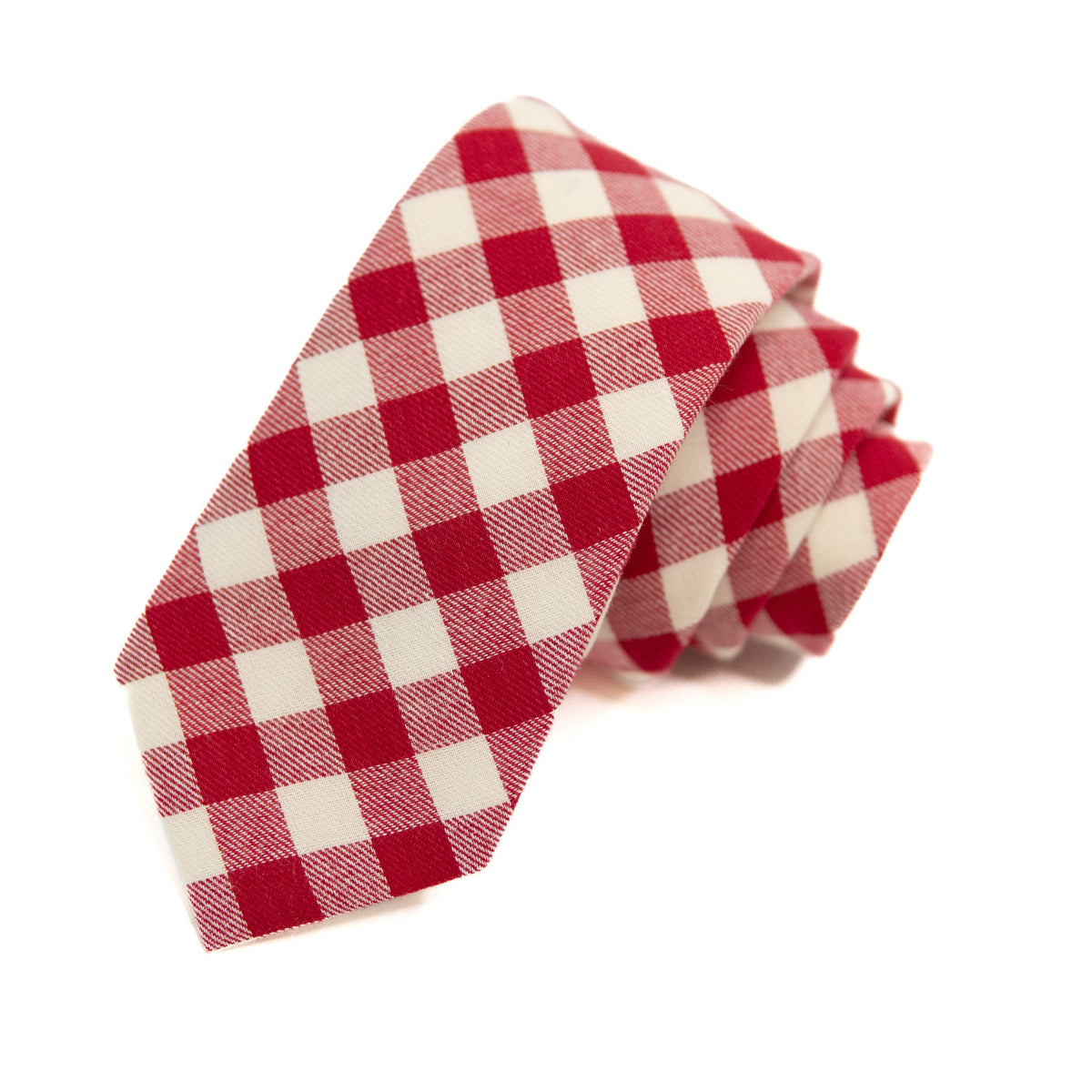Men's red-and-cream plaid necktie, folded drape with pointed end