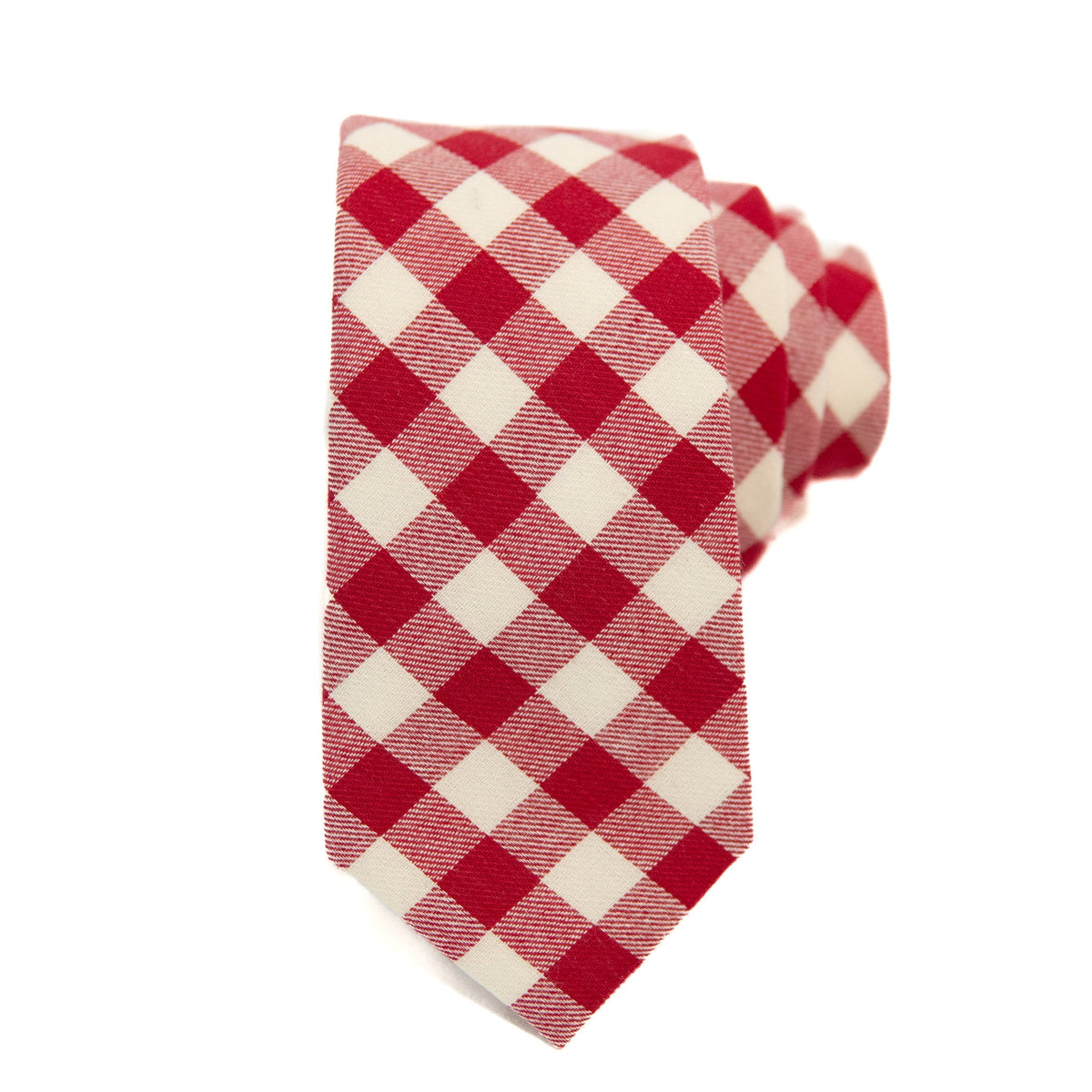 Men's red-and-cream plaid necktie, folded with pointed end