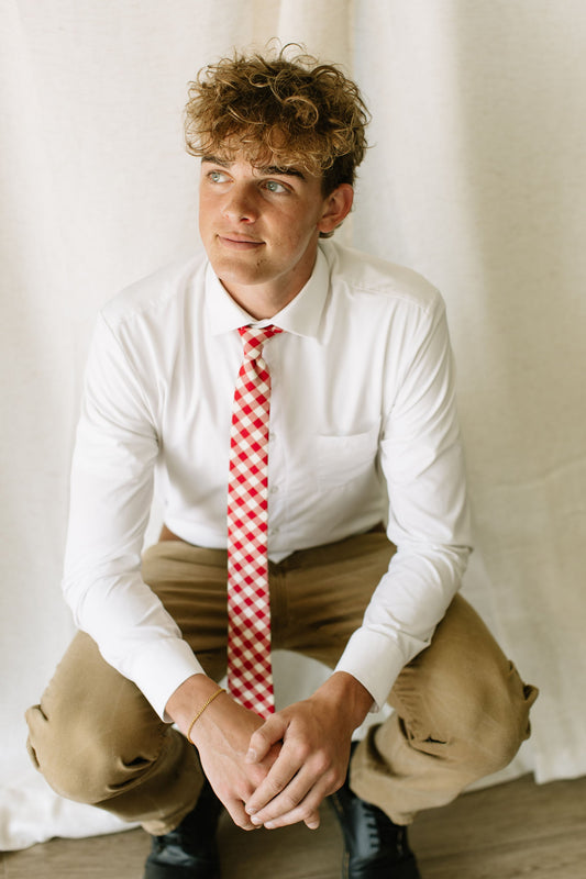 Men's red-and-cream plaid necktie worn on white shirt with khaki pants