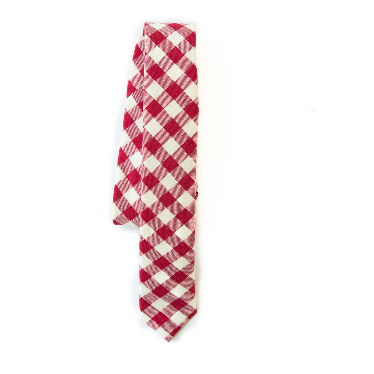 Youth tie in red and white plaid fabric, narrow end folded