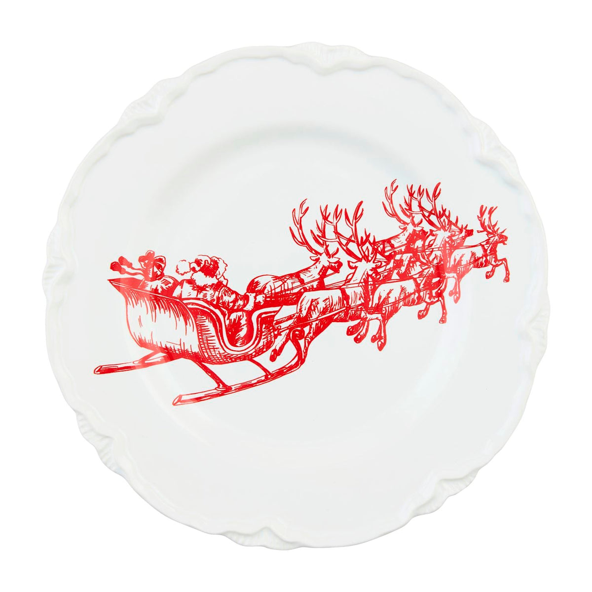White dessert plate with red Santa sleigh toile graphic