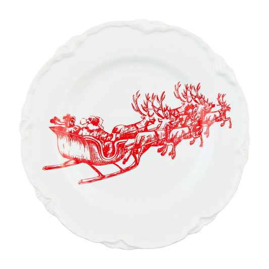 White dessert plate with red Santa sleigh toile graphic