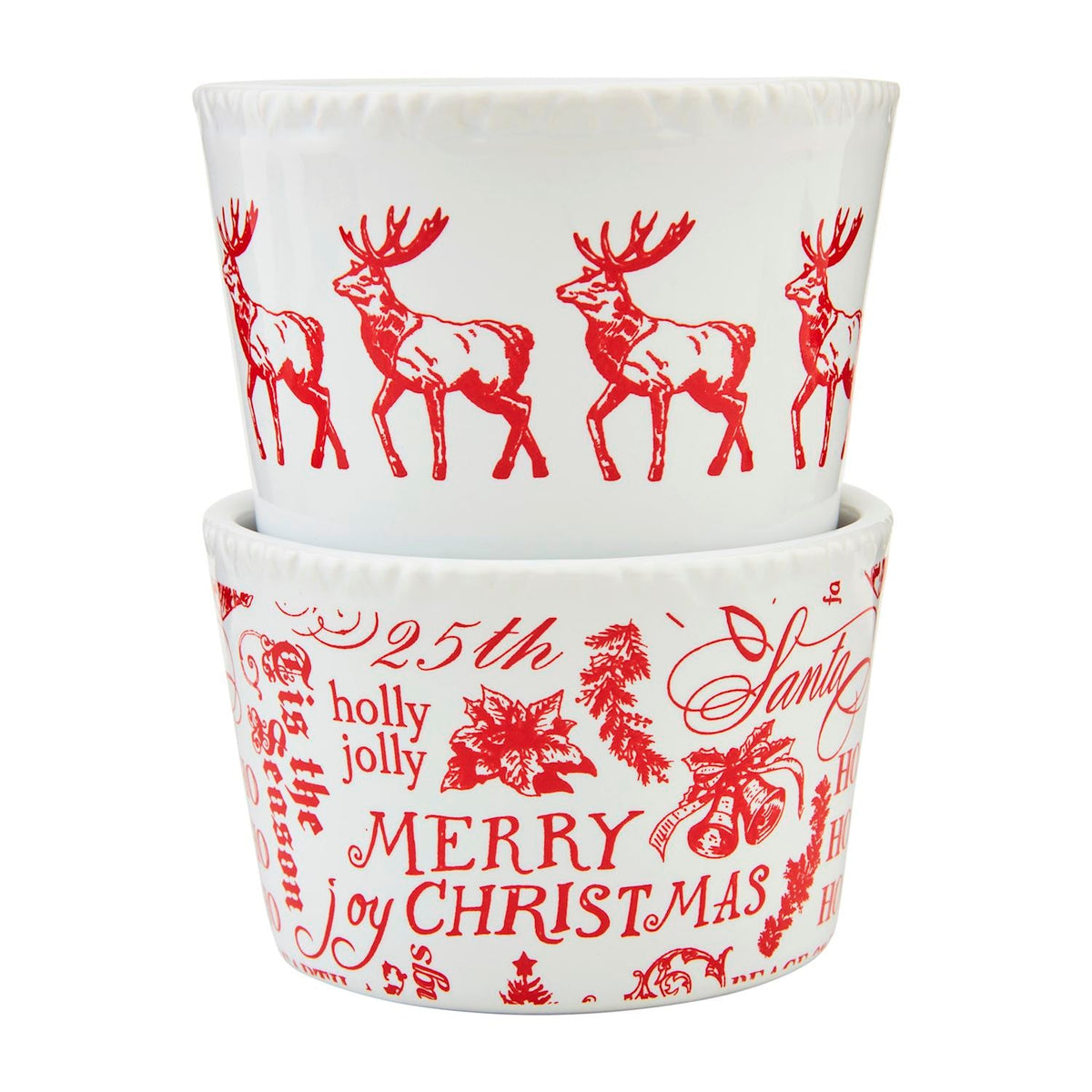 Red and white Christmas tidbit dish set of 2 with reindeer and Merry Christmas text