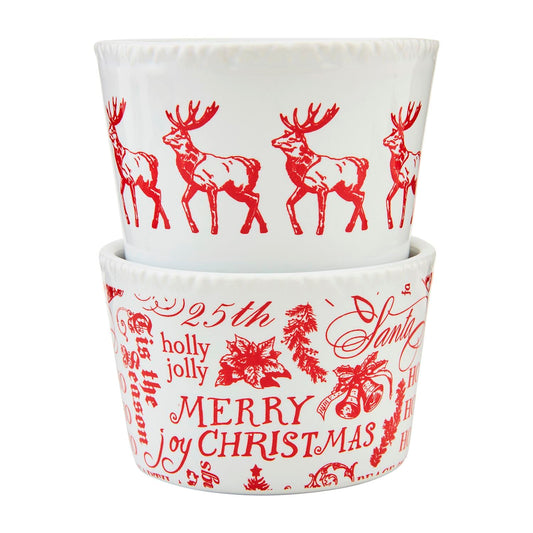 Red and white Christmas tidbit dish set of 2 with reindeer and Merry Christmas text