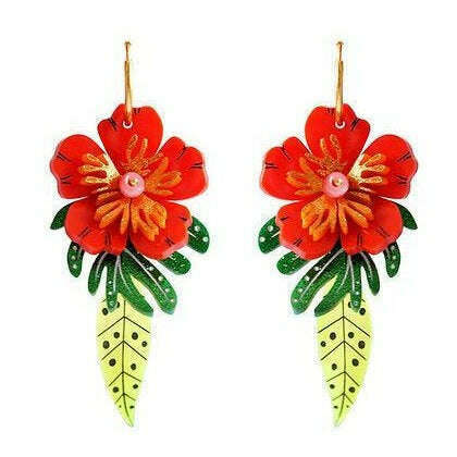 Red tropical flower earrings with gold hooks, red flowers, green leaves, light green cone