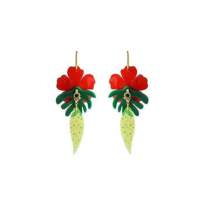 Red tropical flower earrings pair: gold hooks, red flower heads, green leaves, light green cones