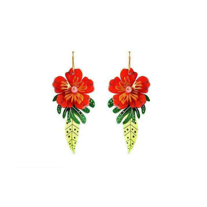 Red tropical flower earrings pair: red blossoms, green leaves, light green cone drops