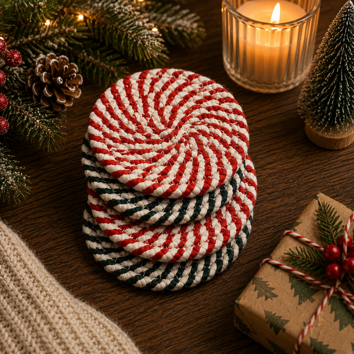Green and red striped braided rope coasters, candy cane spiral, round coasters