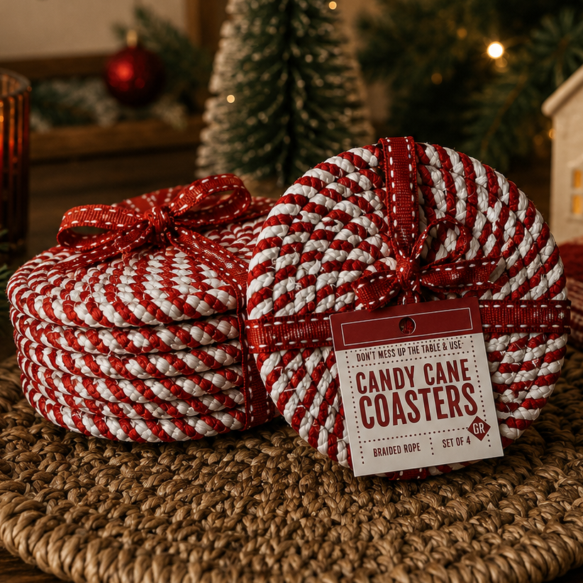 Red striped braided rope coasters, candy cane spiral, gift set 4-pack