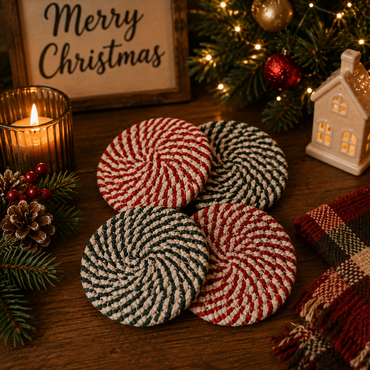 Braided candy cane coasters set of 4, red-and-cream and green-and-cream rounds