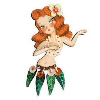 Redhead hula girl brooch with green leaf tassels and flower headband