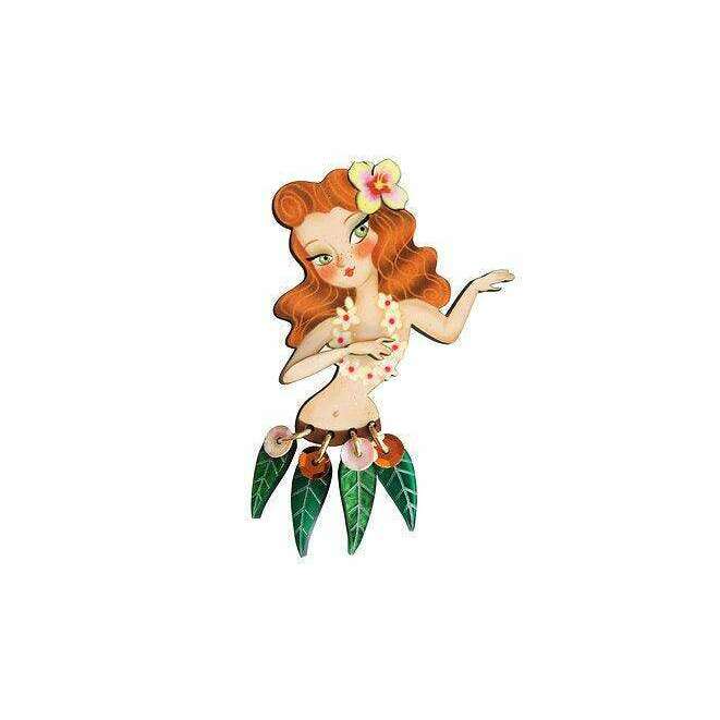 Redhead hula girl brooch, orange-haired figure with flower and leaf skirt