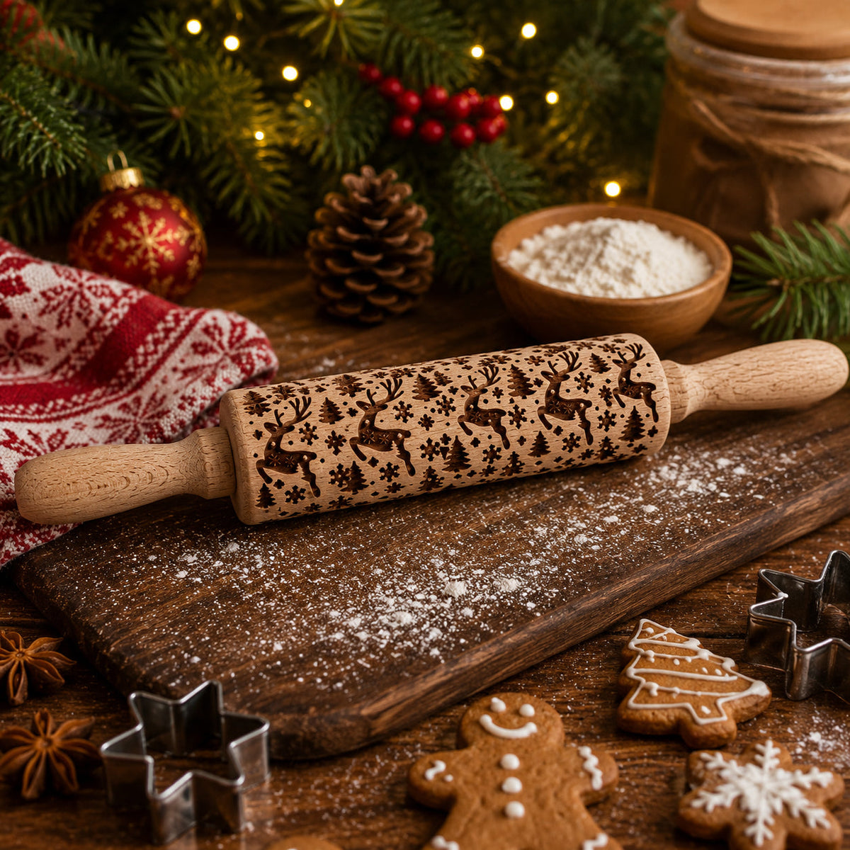 Wooden Christmas rolling pin with dark seasonal icons on the barrel and wood handle.