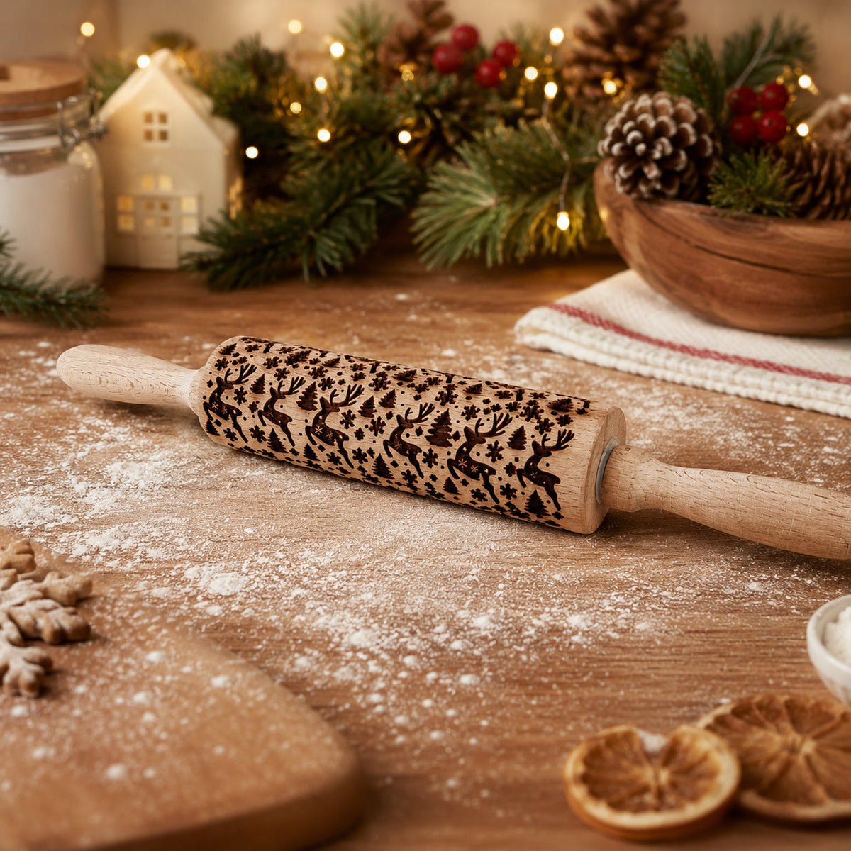 Wooden Christmas rolling pin with dark holiday icons on the barrel, on a floured dough board.
