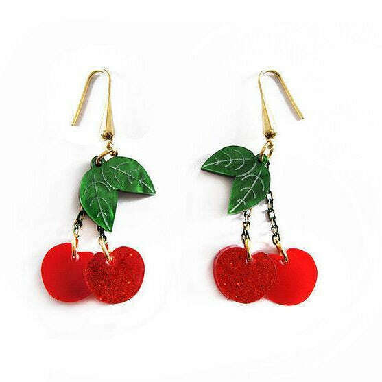 Cherry statement earrings with green leaf charms and double red cherry drops