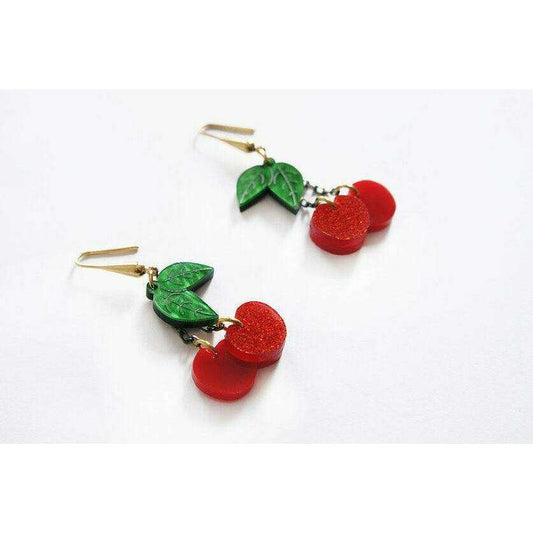 Cherry earrings with gold hooks, green leaf charm, and red cherry cluster drops