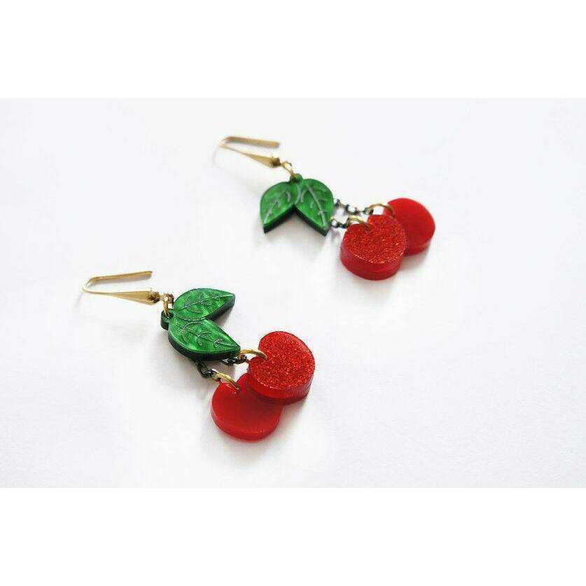 Cherry earrings with green leaf top charm and glittery red cherry cluster drops