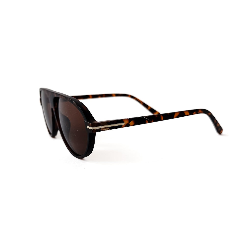 Side view of flat oval sunglasses with tortoise frame and brown-tinted lenses