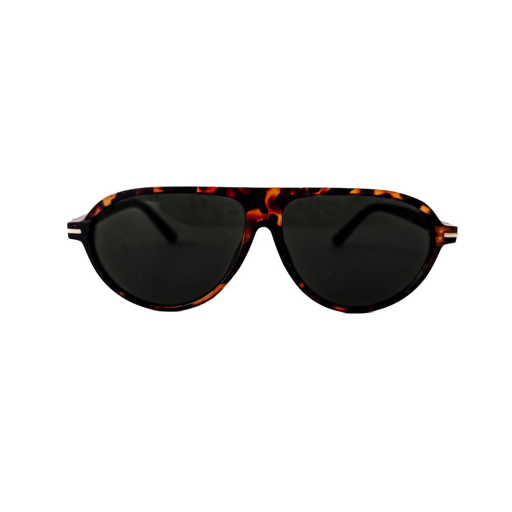 Flat oval sunglasses with tortoise-style frame and dark lenses