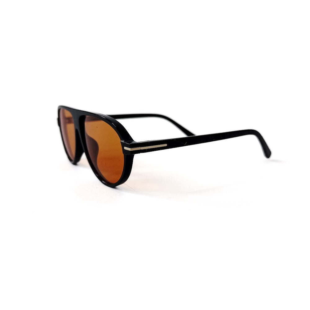 Retro oval sunglasses side view with black frame and amber lenses