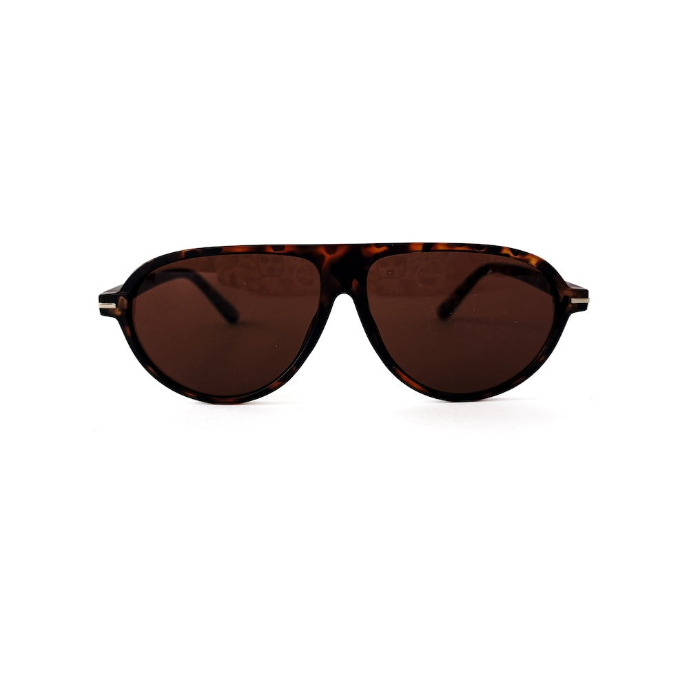 Flat oval sunglasses with tortoise frame and brown-tinted lenses