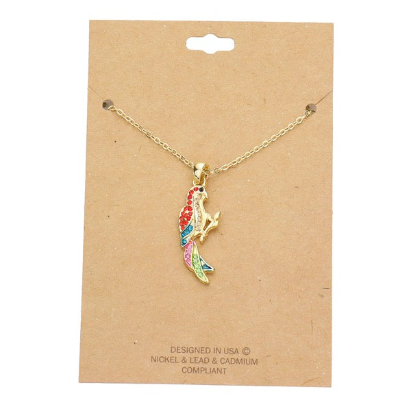 Gold rhinestone parrot pendant charm necklace with red and blue colorful accents
