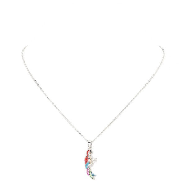 Silver rhinestone parrot pendant charm necklace with red, blue, and green detail