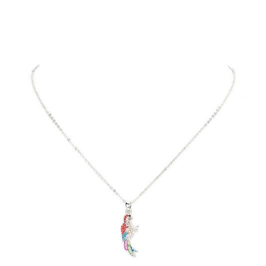 Silver rhinestone parrot pendant charm necklace with red, blue, and green detail
