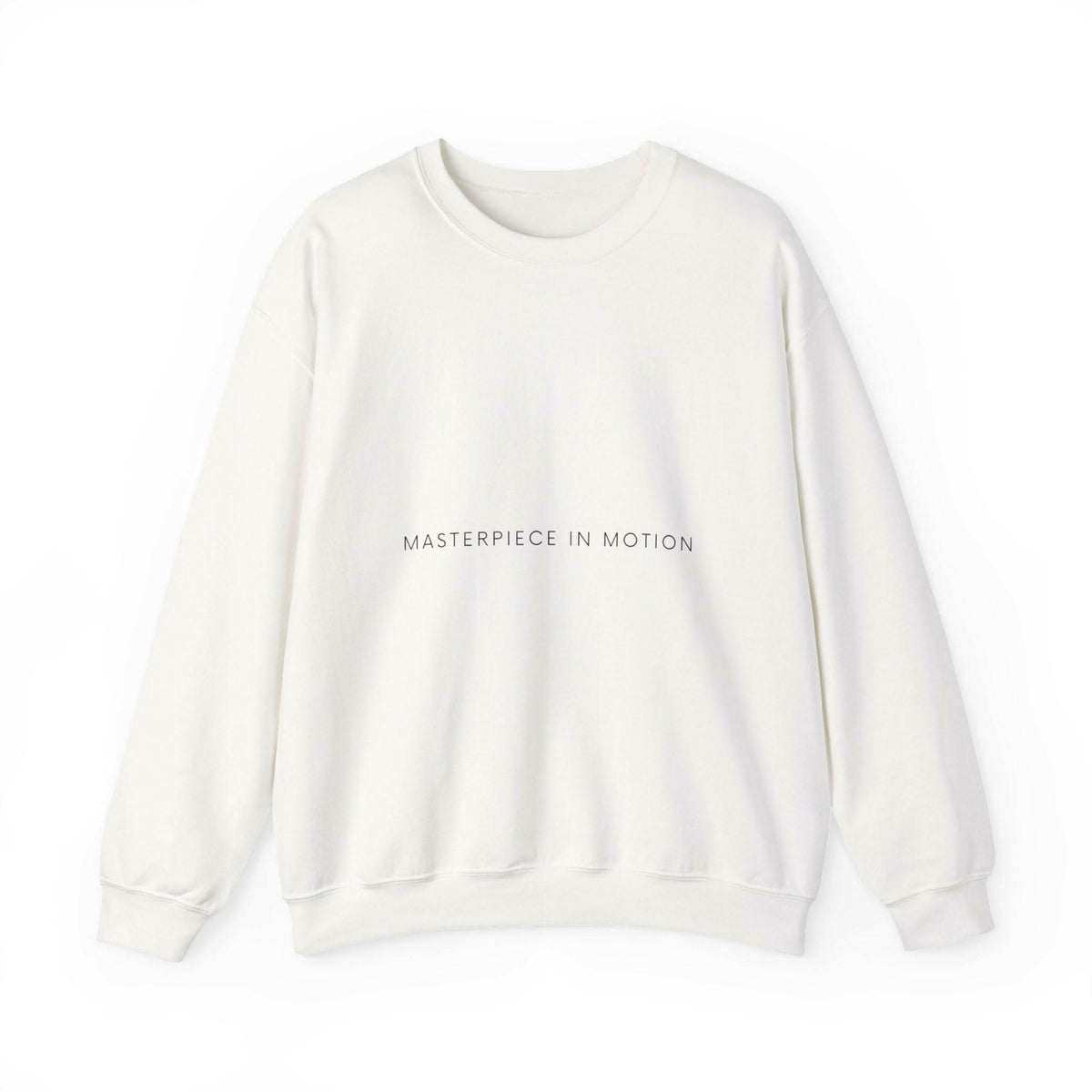 White crewneck sweatshirt with 'MASTERPIECE IN MOTION' chest print