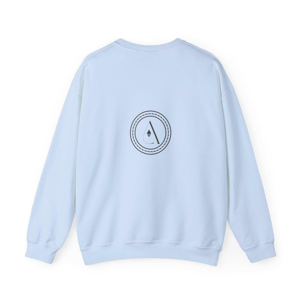 Light blue crewneck sweatshirt with circular back logo emblem