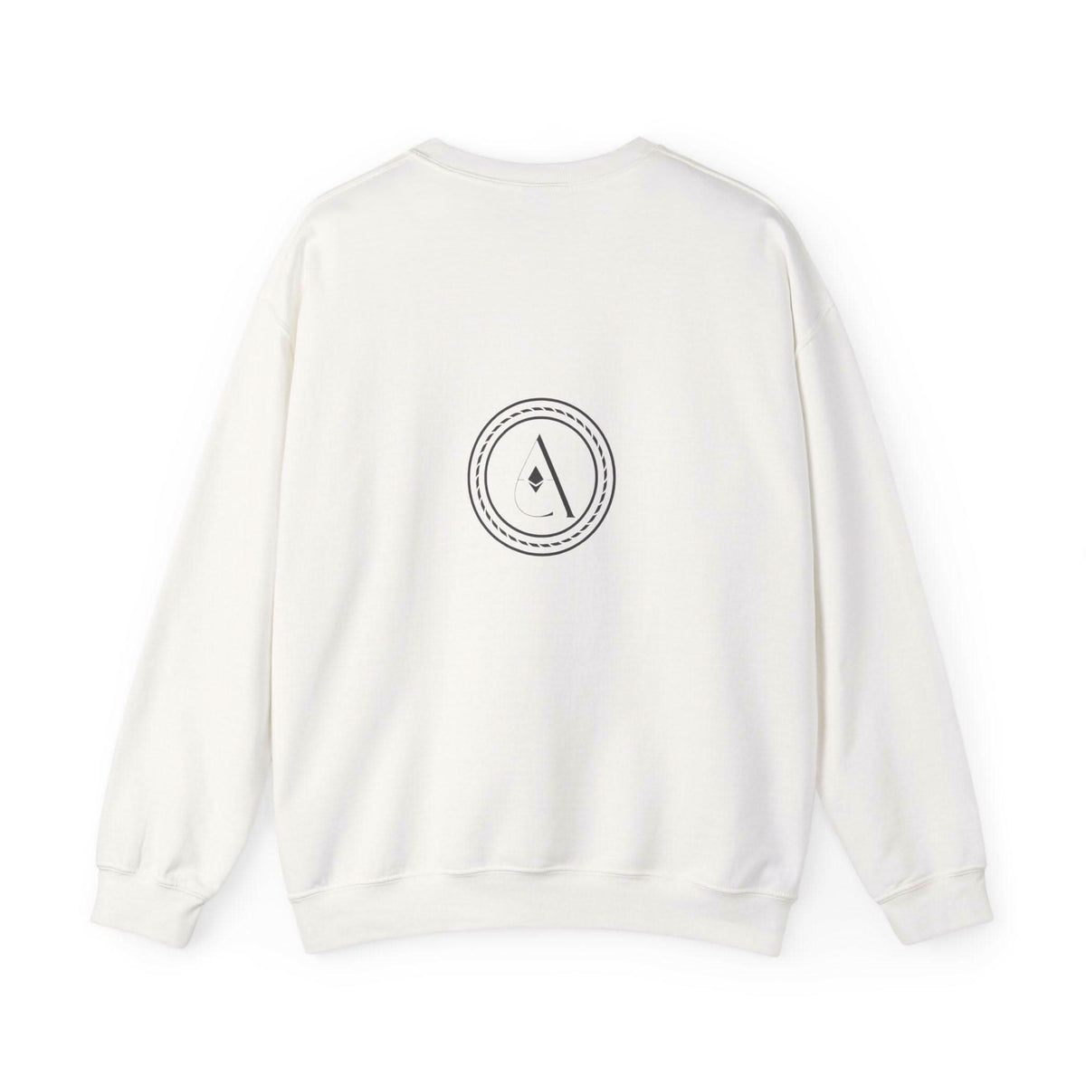 White crewneck sweatshirt with circular back logo emblem