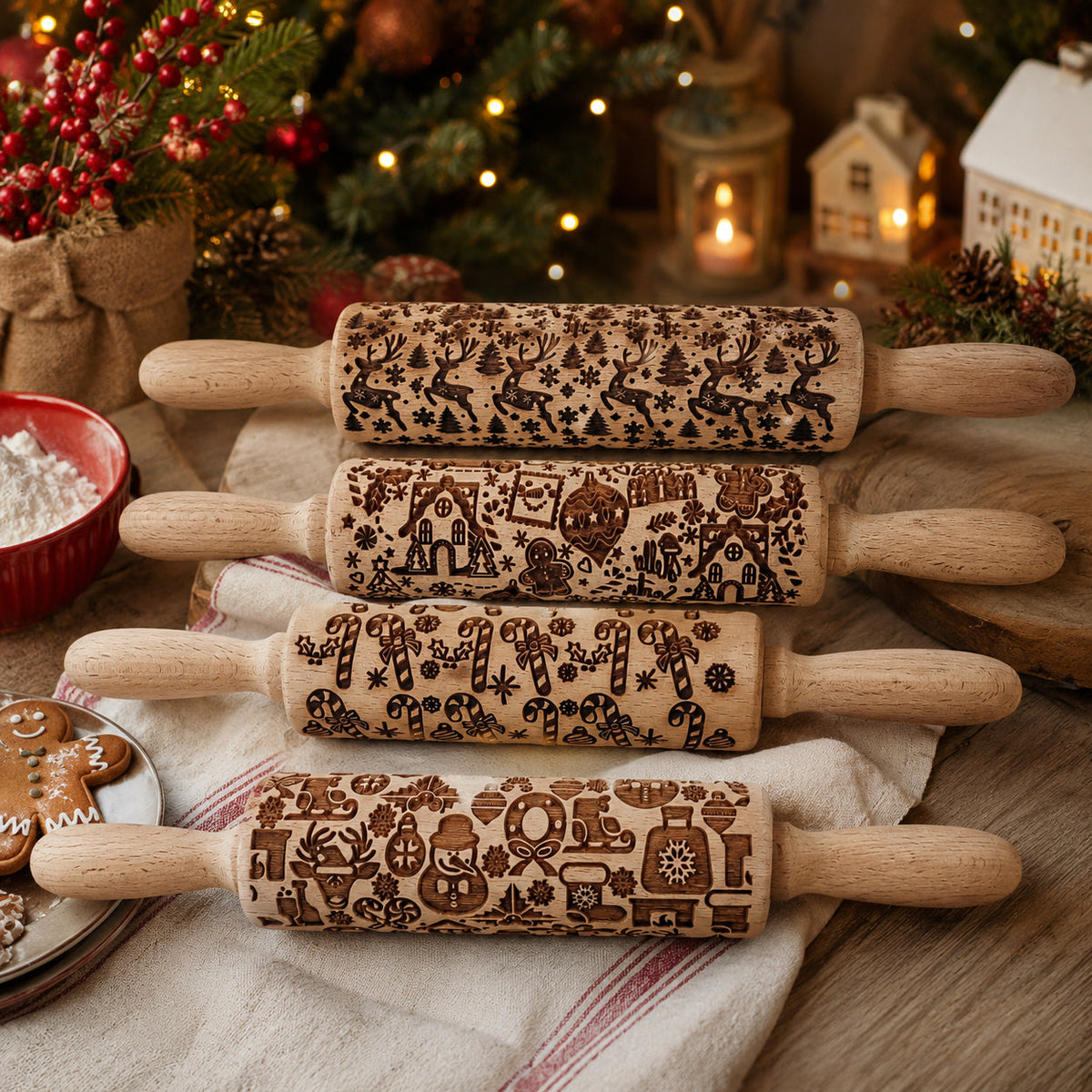 Four wooden Christmas rolling pins with dark holiday icon barrels stacked on cloth.