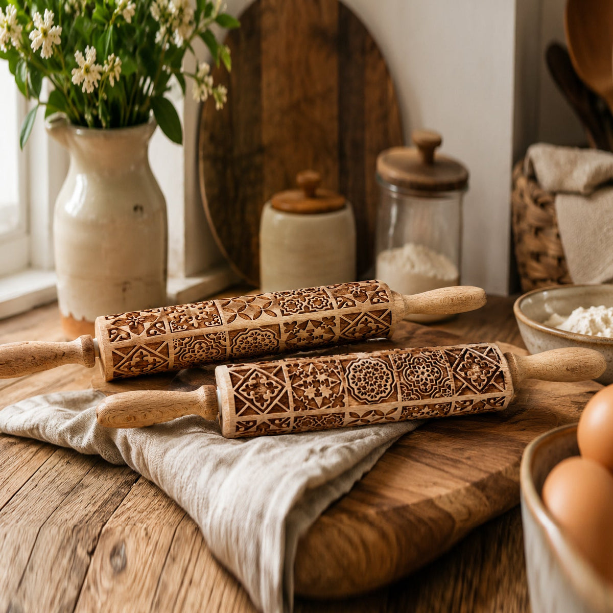 Pair of wooden rolling pins with dark brown geometric lattice patterns and handles