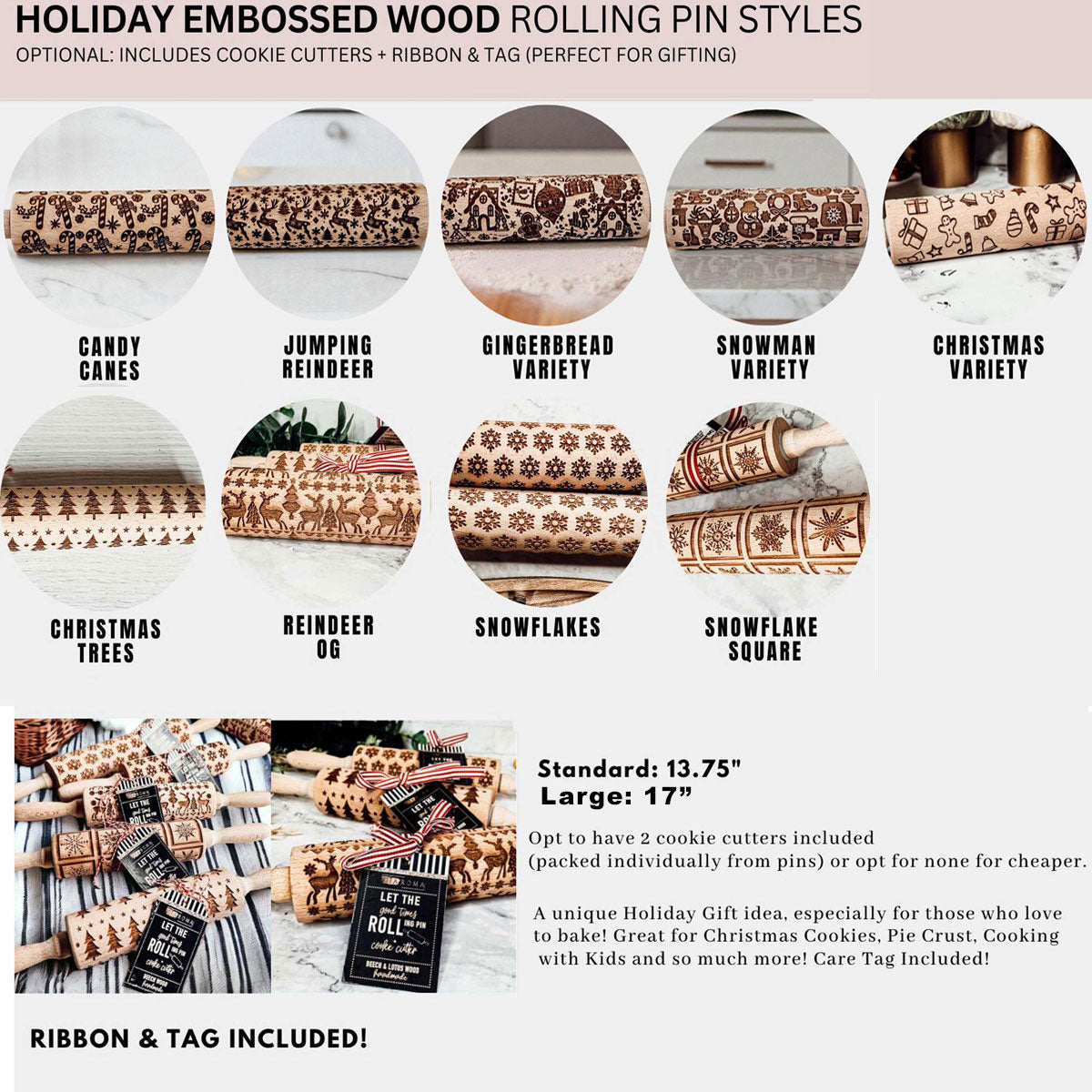 Holiday embossed wooden rolling pin styles with packaging and labeled cutout patterns